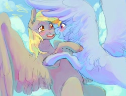 Size: 1700x1300 | Tagged: safe, artist:abbytabbys, derpy hooves, rainbow dash, pegasus, pony, g4, blushing, colored eyebrows, duo, female, floating heart, flying, heart, hug, lesbian, mare, ship:derpydash, shipping, wingding eyes