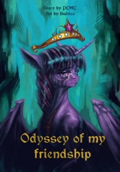 Size: 2800x4000 | Tagged: safe, artist:bultico, twilight sparkle, alicorn, pony, fanfic:odyssey of my friendship, abstract background, crying, fanfic, fanfic art, fanfic cover, female, jewelry, mare, regalia, scar, solo, twilight sparkle (alicorn)