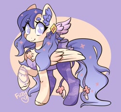 Size: 700x646 | Tagged: safe, artist:fizzy, oc, oc:star guardian, pegasus, pony, bow, bracelet, chest fluff, clothes, cloud pattern, colored ear fluff, colored eyebrows, ear fluff, folded wings, hairpin, heart, heart eyes, jewelry, leotard, long mane, looking at you, purple eyes, raised hoof, simple background, smiling, smiling at you, socks, solo, wingding eyes, wings