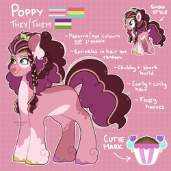 Size: 1280x1280 | Tagged: safe, artist:coleeeslawww, oc, oc only, oc:poppy, earth pony, pony, coat markings, female, hooves, multicolored hooves, offspring, parent:cheese sandwich, parent:pinkie pie, parents:cheesepie, pride, pride flag, reference sheet, solo, text, trans female, transgender