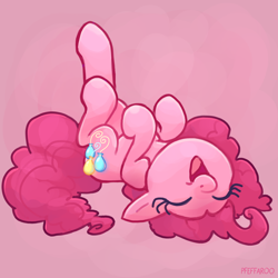 Size: 2048x2048 | Tagged: safe, artist:pfeffaroo, pinkie pie, earth pony, pony, g4, cute, diapinkes, eyes closed, female, high res, laughing, lying down, mare, on back, open mouth, open smile, pink background, simple background, smiling, solo