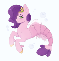 Size: 1047x1077 | Tagged: safe, artist:tanatos, pipp petals, hybrid, original species, sea pony, seapony (g4), shrimp, shrimp pony, g5, blushing, bubble, colored eyebrows, colored hooves, crown, cute, digital art, dorsal fin, ear fluff, female, fetlock fins, fin, fins, fish tail, flowing mane, flowing tail, gold hooves, green eyes, hooves, jewelry, looking at you, mare, purple mane, purple tail, redesign, regalia, scales, seaponified, seapony pipp petals, shrimp tail, side view, simple background, smiling, smiling at you, solo, species swap, swimmerets, swimming, tail, underwater, water, white background