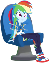 Size: 1724x2168 | Tagged: safe, artist:ilaria122, editor:jbrony, rainbow dash, equestria girls, g4, chair, clothes, converse, cute, female, geode of super speed, little einsteins, magical geodes, pants, seat, seatbelt, shirt, shoes, simple background, sitting, sneakers, solo, sweatshirt, t-shirt, wristband