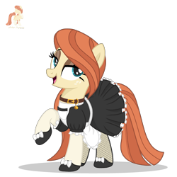 Size: 2500x2500 | Tagged: safe, artist:r4hucksake, oc, oc only, oc:frazzle, earth pony, pony, apron, base used, bedroom eyes, bell, bell collar, bow, clothes, collar, eyeshadow, fishnet clothing, fishnet stockings, freckles, lidded eyes, maid, makeup, shoes, simple background, solo, stockings, thigh highs, transparent background