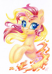 Size: 844x1200 | Tagged: safe, artist:maytee, sunset shimmer, pony, unicorn, g4, bust, fiery shimmer, fire, glowing, glowing horn, horn, magic, magic aura, portrait, smiling, solo, traditional art