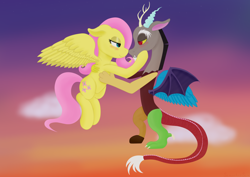 Size: 3508x2480 | Tagged: safe, artist:samenandsam, discord, fluttershy, draconequus, pegasus, pony, g4, blushing, cloud, duo, duo male and female, female, flying, high res, hug, looking at each other, looking at someone, male, ship:discoshy, shipping, sky, smiling, spread wings, straight, sunset, wings