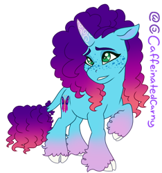 Size: 770x823 | Tagged: safe, artist:caffeinatedcarny, misty brightdawn, pony, unicorn, g5, afro mane, cloven hooves, coat markings, cornrows, curved horn, female, freckles, gradient hooves, gradient horn, gradient mane, horn, horn runes, leonine tail, mare, rebirth misty, redesign, simple background, solo, tail, transparent background, unshorn fetlocks