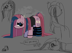 Size: 2310x1721 | Tagged: safe, artist:syrupyyy, pinkie pie, earth pony, pony, g4, abstract background, alternate cutie mark, black shirt, bracelet, clothes, desaturated, dialogue, doodle dump, dyed mane, dyed tail, ear piercing, earring, emo, eyebrow piercing, eyeshadow, female, frown, hooped earrings, jewelry, lidded eyes, long mane, long socks, long tail, makeup, mare, narrowed eyes, no catchlights, no mouth, offscreen character, piercing, pink coat, pinkamena diane pie, profile, shirt, signature, sketch, sketch dump, socks, standing, straight mane, straight tail, striped socks, t-shirt, tail, talking, text, torn shirt, two toned mane, two toned tail