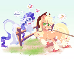 Size: 2446x2000 | Tagged: safe, artist:bishopony, applejack, rarity, suri polomare, classical unicorn, earth pony, pony, unicorn, blush scribble, blushing, clothes, cloven hooves, coat markings, crossed hooves, dress, duo, duo female, emanata, female, fence, floppy ears, gradient background, gritted teeth, high res, horn, leonine tail, lidded eyes, manehattan, mare, mouth hold, open mouth, pictogram, plewds, pulling, question mark, rope, signature, socks (coat markings), speech bubble, sweat, teeth, unshorn fetlocks
