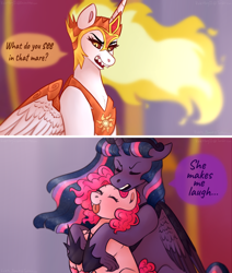 Size: 1760x2076 | Tagged: safe, artist:violetpony11, daybreaker, pinkie pie, twilight sparkle, alicorn, earth pony, pony, g4, alternate universe, comic, dialogue, eyes closed, female, floppy ears, hug, hug from behind, huge, lesbian, mare, nightmare twilight, nightmarified, ship:twinkie, shipping, silly, speech bubble, tongue out, twilight sparkle (alicorn)