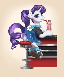Size: 1687x2048 | Tagged: safe, artist:taytinabelle, rarity, pony, unicorn, bar stool, blushing, bow, butt, chest fluff, clothes, cutie mark accessory, dress, drink, eyeshadow, female, food, frills, frilly dress, frilly socks, gradient background, horn, looking at you, looking back, looking back at you, makeup, mare, milkshake, necktie, pinup, raised tail, shirt, shoes, socks, solo, straw, strawberry, tail, tail bow, vignette
