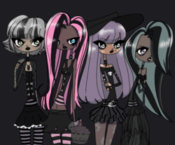 Size: 987x816 | Tagged: safe, artist:hellabox, limestone pie, marble pie, maud pie, pinkie pie, human, g4, alternate hairstyle, belly button, belt, black background, choker, clothes, corset, dark skin, dress, eyeshadow, female, fishnet clothing, fishnet stockings, goth, gritted teeth, hat, humanized, jewelry, lipstick, makeup, midriff, nail polish, necklace, pie sisters, pinkamena diane pie, siblings, simple background, sisters, skirt, socks, spiked choker, stockings, striped socks, sun hat, teeth, thigh highs, vitiligo