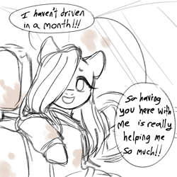 Size: 1280x1280 | Tagged: safe, artist:m4ycrowave, fluttershy, pegasus, pony, g4, car, dialogue, driving, female, looking at you, looking back, looking back at you, mare, monochrome, solo, talking to viewer