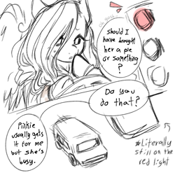 Size: 1280x1280 | Tagged: safe, artist:m4ycrowave, fluttershy, pegasus, pony, car, dialogue, distracted, driving, female, implied pinkie pie, mare, monochrome, red light, solo, talking to viewer
