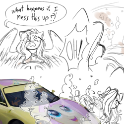 Size: 1280x1280 | Tagged: safe, artist:m4ycrowave, fluttershy, pegasus, pony, car, car crash, dialogue, eye clipping through hair, female, hair over one eye, mare, partial color, simple background, smoke, solo, speech bubble, teary eyes, white background