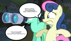 Size: 3220x1863 | Tagged: safe, artist:epicheavytf2, artist:pyrogaming, bon bon, lyra heartstrings, sweetie drops, earth pony, pony, unicorn, g4, binoculars, dark forest, female, forest, grass, horn, mare, meme, nature, ponified, ponified meme, ponyville, shocked, shocked expression, speech bubble, tree