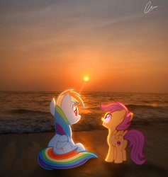 Size: 2700x2850 | Tagged: safe, artist:jaanhavi, rainbow dash, scootaloo, pegasus, pony, beach, cute, cutealoo, female, filly, foal, high res, irl, mare, ocean, photo, ponies in real life, scootalove, sunset, water, wave