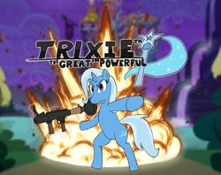 Size: 2280x1808 | Tagged: safe, artist:ligmire, trixie, pony, unicorn, g4, angry, digital art, explosion, horn, magic, night, parody, ponyville, rocket launcher, screencap background, shadow the hedgehog (game), solo, team fortress 2, telekinesis, twilight's castle, weapon