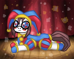 Size: 2500x2000 | Tagged: safe, artist:demonwburger, earth pony, pony, female, hat, jester, jester hat, lying down, mare, pomni, ponified, ponmi, prone, solo, sploot, the amazing digital circus