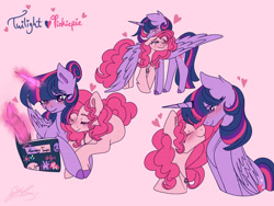Size: 1280x960 | Tagged: safe, artist:eker08, pinkie pie, twilight sparkle, alicorn, earth pony, pony, alternate hairstyle, blushing, boop, cuddling, cute, diapinkes, duo, duo female, eyes closed, female, glowing, glowing horn, hair bun, heart, height difference, horn, horn ring, jewelry, journal, lesbian, lying down, mare, neck nuzzle, necklace, noseboop, pink background, prone, quill, ring, ship:twinkie, shipping, simple background, twiabetes, twilight sparkle (alicorn), wing blanket, winghug, wings