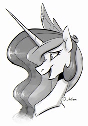 Size: 935x1336 | Tagged: safe, artist:askometa, princess celestia, alicorn, pony, g5, my little pony: make your mark, my little pony: make your mark chapter 2, portrait of a princess, black and white, bust, grayscale, monochrome, open mouth, portrait, simple background, sketch, smiling, solo, white background