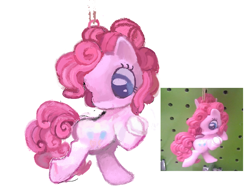 Size: 794x616 | Tagged: safe, artist:dddddaxie998839, pinkie pie, earth pony, pony, g4, big eyes, big head, blue eyes, chibi, curly mane, curly tail, female, hoof hold, mare, ornament, pink coat, pink mane, pink tail, simple background, smiling, solo, standing on two hooves, tail, toy, toy interpretation, white background, wingding eyes