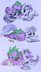 Size: 1280x2233 | Tagged: artist needed, safe, spike, twilight sparkle, dragon, unicorn, g4, age progression, book, candle, horn, letter, older, quill, scroll, size difference