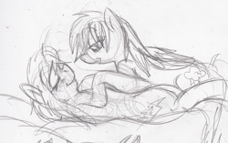 Size: 2257x1417 | Tagged: safe, artist:enigmaticfrustration, rainbow dash, spitfire, pegasus, pony, g4, bed, blushing, female, females only, lesbian, lying down, mare, monochrome, on bed, pencil drawing, ship:spitdash, shipping, sketch, traditional art