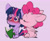 Size: 2048x1660 | Tagged: safe, artist:chub-wub, pinkie pie, twilight sparkle, earth pony, pony, unicorn, g4, :<, big ears, big head, blushing, cheek kiss, chibi, colored sketch, curly mane, curly tail, cute, diapinkes, duo, duo female, eyes closed, female, floppy ears, frown, holding book, hoof hold, horn, kissing, lesbian, mare, missing cutie mark, multicolored mane, multicolored tail, open book, pink coat, pink mane, pink tail, purple background, purple coat, requested art, ship:twinkie, shipping, short mane, short mane twilight sparkle, simple background, sketch, straight mane, straight tail, tail, twiabetes, unicorn twilight, wide eyes
