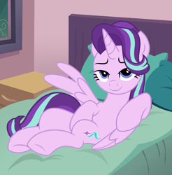 Size: 2374x2410 | Tagged: safe, ai assisted, ai content, artist:shieldwingarmorofgod, starlight glimmer, alicorn, pony, g4, alicornified, bed, bedroom eyes, draw me like one of your french girls, female, high res, lying down, pillow, race swap, sexy, smiling, starlicorn, stupid sexy starlight glimmer, xk-class end-of-the-world scenario