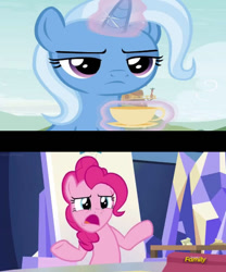 Size: 506x609 | Tagged: safe, artist:batman714, pinkie pie, trixie, earth pony, unicorn, g4, cup, glare, horn, teacup, trixie is not amused, unamused