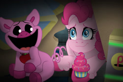 Size: 1280x854 | Tagged: safe, artist:faitheverlasting, part of a set, pinkie pie, earth pony, pig, pony, battery, commission, cupcake, food, poppy playtime, smiling, story included