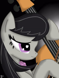 Size: 2436x3239 | Tagged: safe, artist:zicaneborgen, octavia melody, earth pony, g4, bipedal, bow, bowtie, cello, musical instrument, smiling