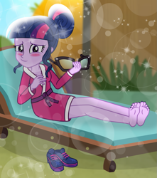 Size: 885x1000 | Tagged: safe, artist:emeraldblast63, part of a set, sci-twi, twilight sparkle, human, equestria girls, g4, barefoot, bathrobe, beach chair, blushing, chair, clothes, feet, female, foot focus, glasses off, lens flare, looking at you, nail polish, robe, shoes, sitting, smiling, smiling at you, solo, toenail polish, toenails, toes