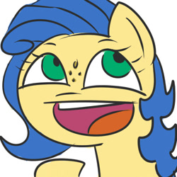 Size: 500x500 | Tagged: safe, artist:strangerdanger, oc, oc only, oc:milky way, earth pony, pony, :d, awesome face, bust, earth pony oc, female, freckles, happy, looking away, looking up, mare, open mouth, open smile, portrait, raised hoof, simple background, smiling, solo, white background
