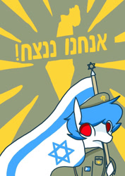 Size: 750x1061 | Tagged: safe, artist:redbluepony, oc, oc only, earth pony, pony, clothes, earth pony oc, eye clipping through hair, flag, hebrew, hoof hold, israel, looking at you, no catchlights, no mouth, poster, red eyes take warning, soldier, solo, staring into your soul, uniform
