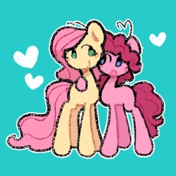Size: 2048x2048 | Tagged: safe, artist:starrymysteryy, fluttershy, pinkie pie, earth pony, pegasus, pony, g4, blue background, duo, female, floating heart, heart, lesbian, mare, ship:flutterpie, shipping, simple background