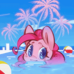 Size: 720x720 | Tagged: safe, artist:mirroredsea, pinkie pie, earth pony, pony, g4, animated, ball, female, mare, music, ocean, palm tree, solo, sound, swimming, swimming pool, tree, water, webm