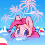 Size: 2048x2048 | Tagged: safe, alternate version, artist:mirroredsea, pinkie pie, earth pony, pony, g4, ball, cute, diapinkes, female, mare, ocean, palm tree, partially submerged, solo, swimming, swimming pool, tree, water