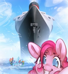 Size: 2548x2748 | Tagged: safe, artist:mirroredsea, pinkie pie, rainbow dash, bird, earth pony, pegasus, pony, g4, cruise ship, duo, female, inner tube, mare, ocean, pool toy, reclining, sunglasses, swimming, water