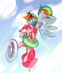 Size: 2300x2679 | Tagged: safe, artist:mirroredsea, pinkie pie, rainbow dash, earth pony, pegasus, pony, g4, duo, female, flying, high res, holding a pony, inner tube, laughing, mare, pool toy, sunglasses