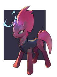 Size: 635x852 | Tagged: safe, artist:vondsketch, tempest shadow, pony, unicorn, g4, abstract background, armor, broken horn, clothes, female, horn, leotard, magic, mare, scar, solo