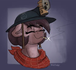 Size: 2346x2176 | Tagged: safe, artist:reddthebat, oc, oc only, oc:number nine, earth pony, pony, bandana, bust, cigarette, eyebrows, eyebrows visible through hair, eyes closed, female, floppy ears, helmet, high res, mare, mining helmet, signature, smiling, solo