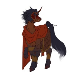 Size: 1019x1018 | Tagged: safe, artist:aaahhhmalpa, pony, unicorn, alternate versions at source, armor, bangles, black mane, black tail, brown coat, cape, clothes, coat markings, colored ears, colored hooves, colored horn, curved horn, eye scar, facial markings, facial scar, fangs, frown, horn, leg fluff, lego monkie kid, long tail, macaque, male, narrowed eyes, ponified, raised hoof, scar, short mane, simple background, socks (coat markings), solo, stallion, standing, sternocleidomastoid, tail, unicorn horn, white background, white eyes