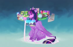 Size: 2048x1334 | Tagged: safe, artist:aaahhhmalpa, gameloft, spike, sunny starscout, twilight sparkle, alicorn, dragon, earth pony, pony, unicorn, legends of equestria, g4, g5, my little pony: magic princess, abstract background, alternate hair color, alternate tail color, alternate tailstyle, bags under eyes, bangs, chest fluff, colored eyebrows, colored hooves, colored horn, curved horn, duo, duo male and female, ear fluff, eye clipping through hair, eyebrows, eyebrows visible through hair, female, flying, folded wings, frown, hologram, horn, large wings, leg fluff, lego monkie kid, leonine tail, magic, male, mare, movie reference, multicolored mane, multicolored tail, narrowed eyes, no catchlights, purple coat, qwop, screens, scroll, sitting, solo focus, spiderverse, stairs, straight mane, straight tail, tail, twilight sparkle (alicorn), unicorn twilight, watching, wing fluff, winged spike, wings