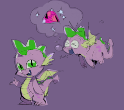 Size: 846x754 | Tagged: safe, artist:fryologyyy, spike, dragon, g4, ><, colored sketch, colored wings, cute, cute little fangs, daydream, eyes closed, fangs, flying, gem, green eyes, male, open mouth, open smile, purple background, scales, simple background, sketch, slit pupils, smiling, snot bubble, solo, spikabetes, spikes, spread wings, standing, text, thinking, thought bubble, two toned eyes, two toned wings, wingding eyes, winged spike, wings
