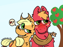 Size: 2160x1620 | Tagged: safe, artist:blossomeclipse, applejack, big macintosh, earth pony, pony, g4, apple, apple tree, applecest, blushing, brother and sister, duo, duo male and female, female, female on male, incest, larger male, male, mare, mare on stallion, shipping, siblings, smaller female, stallion, straight, straw in mouth, toothy grin, tree