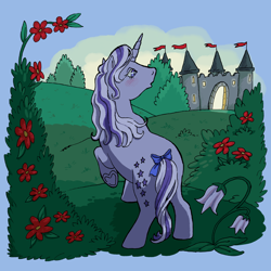 Size: 2048x2048 | Tagged: safe, artist:universalheart, twilight, pony, unicorn, g1, bush, butt, castle, female, flower, high res, horn, mare, plot, solo