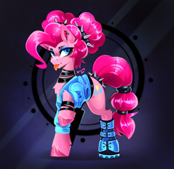 Size: 2577x2496 | Tagged: safe, artist:buvanybu, pinkie pie, earth pony, pony, g4, :p, alternate hairstyle, boots, bracelet, chest fluff, choker, clothes, ear piercing, eyeshadow, female, fetlock tuft, high res, hock fluff, hoof boots, jacket, jewelry, makeup, mare, piercing, pigtails, punkie pie, raised hoof, shoes, signature, solo, spiked headband, spiked tail band, tail, tail band, tail wrap, three quarter view, tongue out