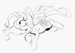 Size: 711x497 | Tagged: safe, artist:fryologyyy, thistle whistle, pegasus, pony, g3, black and white, ear fluff, eyelashes, female, floppy ears, flying, grayscale, long mane, long tail, mare, monochrome, open mouth, profile, raised hoof, simple background, sketch, solo, tail, teeth, wavy mane, wavy tail, white background